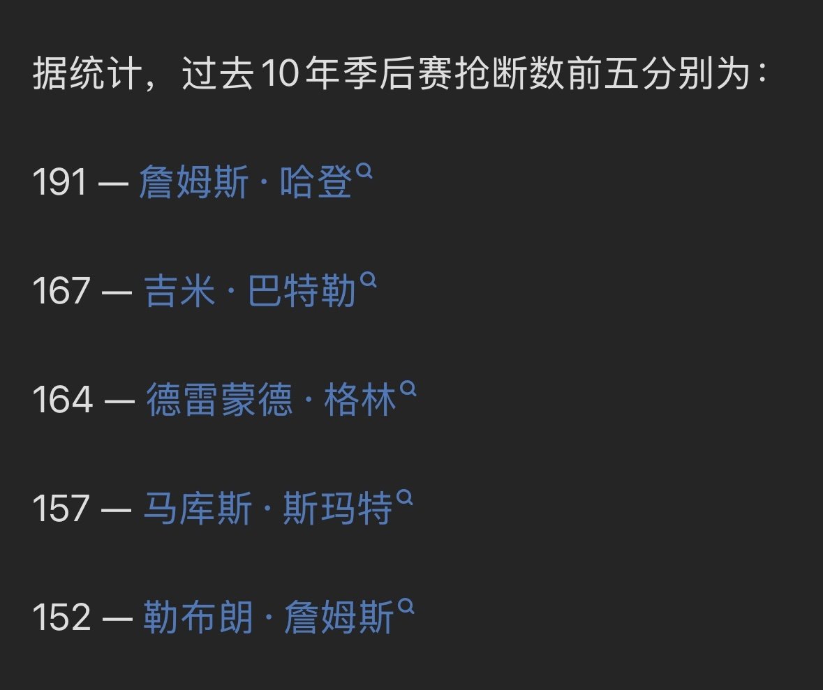 切球大师打破印象流？[吃瓜]

过去10年季后赛抢断榜，哈登191次高居第一[并不简单] ​