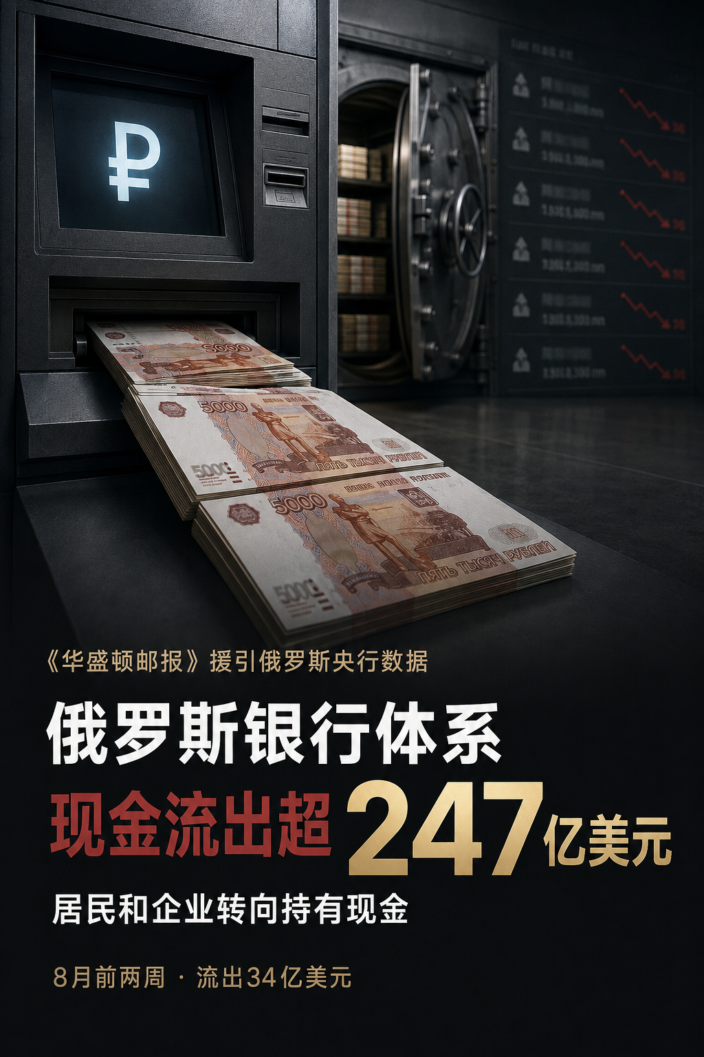 俄罗斯银行体系今年现金流出已超过247亿美元

8月18日，据《华盛顿邮报》报道，2026年以来，俄罗斯居民和企业正持续将资金从银行账户转为现金，累计流出规模已超过247亿美元，超过2022年俄乌战争全面爆发后第一年的水平。

俄罗斯央行数据显示，仅今年8月前两周，银行体系就流出2864亿卢布，约合34亿美 ​