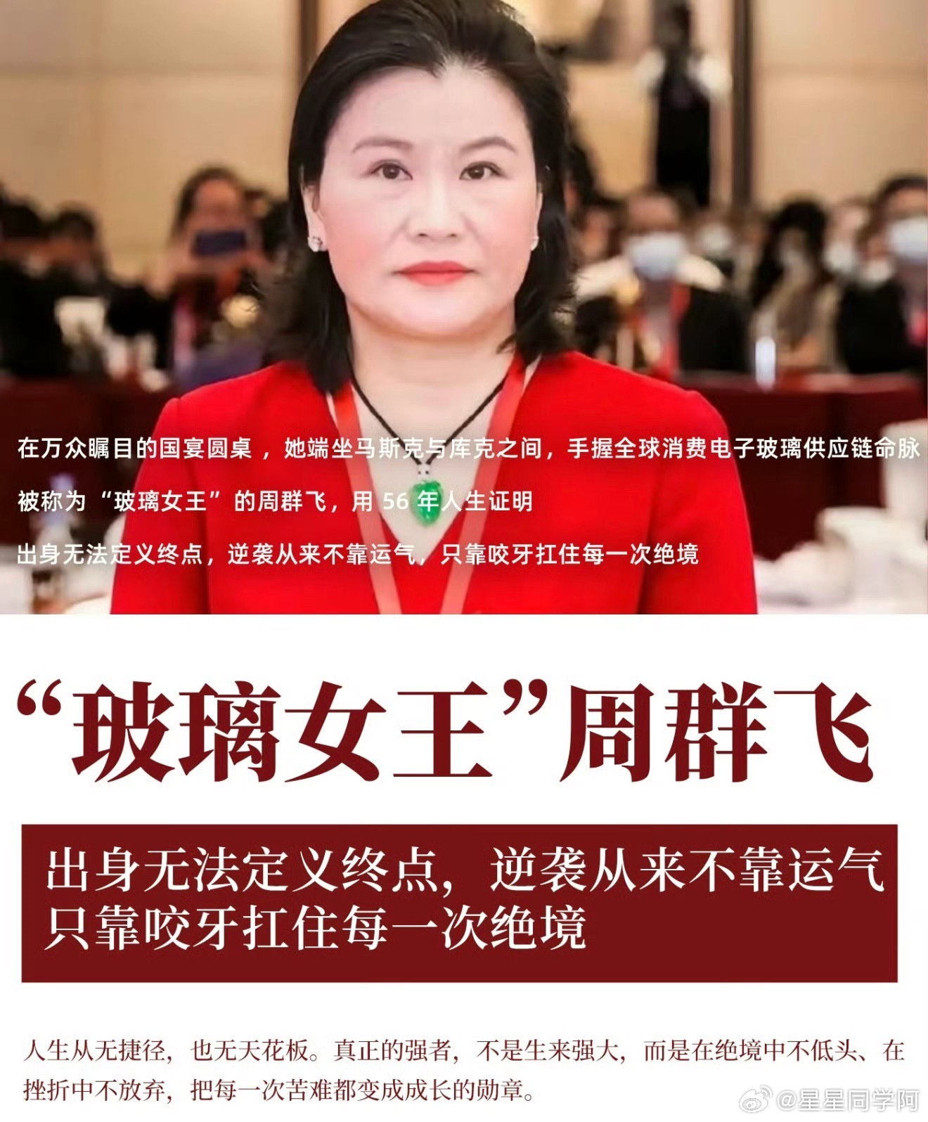 1270亿，中国女首富换人了。
周群飞，蓝思科技创始人。名下关联36家公司，28家还在正常运转。
蓝思科技、蓝思旺、蓝思光电，一串“蓝思系”企业，她多是董事长或法定代表人。
从湖南山村辍学打工，到给苹果华为特斯拉供货，再到登顶首富。
这不是什么资本神话，是一个女人用三十年，把一块玻璃磨到了极 ​
