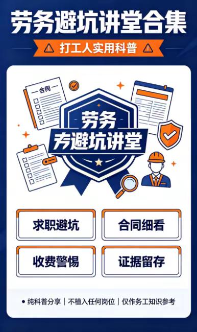 务工避坑合集，外出找活一定要收藏。劳务避坑讲堂合集｜打工人实用科普。 汇总求职常见套路，教大家甄别招聘信息、核验机构资质、看清合同条款，留存务工证据，合理维护自身权益。⚠️纯知识科普，不植入任何岗位，不提供就业对接。找工作请自行选择具备正规资质的人力资源机构。