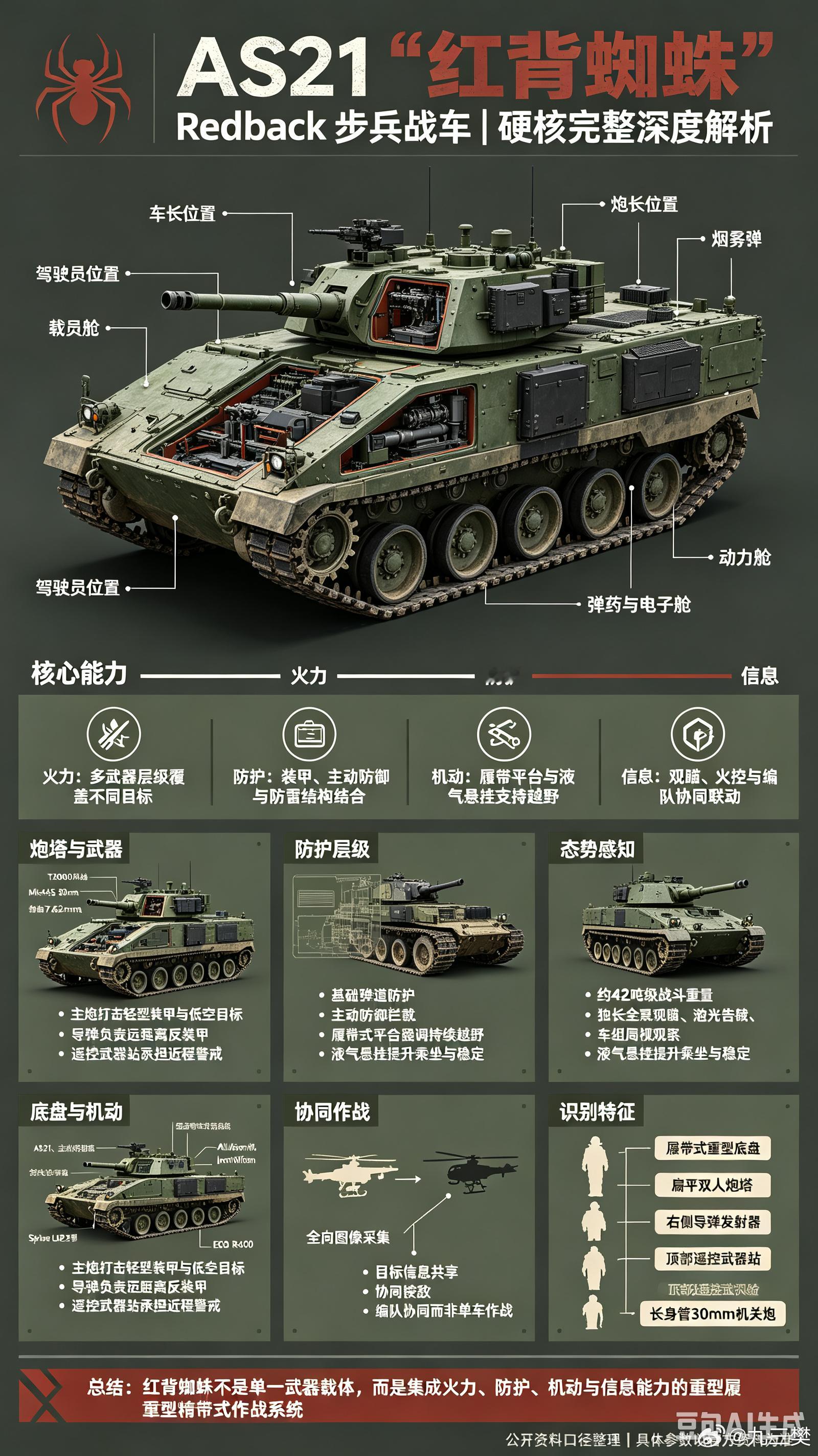 #军事ai新视野# 韩国AS21 “红背蜘蛛（Redback）”步兵战车#ai热力追踪# 
 
一、研发背景与项目定位
 
AS21 Redback（红背蜘蛛），韩华防务基于K21深度放大升级的重型履带步兵战车，核心目标竞标澳大利亚 LAND 400 Phase 3 项目，对标莱茵金属KF41山猫，用于替换澳军老旧M113AS4装甲运兵车 
 
- 原型基 ​