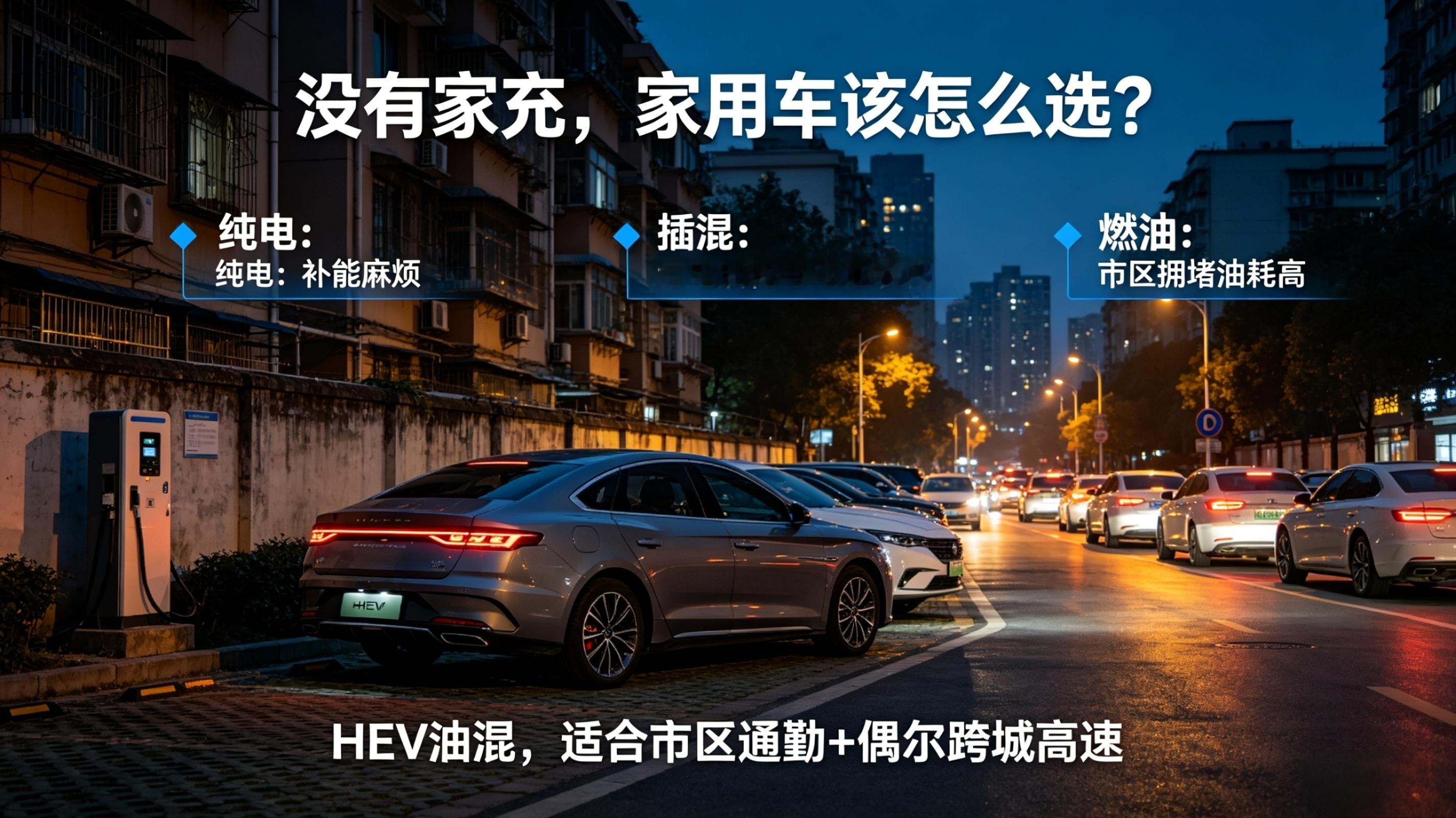 不少家用车主都在纠结选车方向，尤其是老小区没有固定充电桩，日常以市区通勤为主，偶尔还要跑跨城高速的家庭。纯电车型补能麻烦，没家充的话用车成本优势全无；插混亏电状态油耗直追燃油车，还得担心电池衰减；纯燃油车市区拥堵油耗高得离谱。
HEV 油混刚好适配这类场景，不用外接充电，市区低速靠电机驱动，安静又省