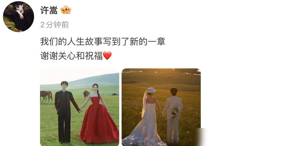 许嵩和冯禧官宣结婚，晒的是草原婚纱照。配文就一句，人生故事写到了新一章。评论区瞬间挤爆，有人翻出四年前冯禧在《你好星期六》上哭到说不出话的画面。
那时候她是从小学就听许嵩的歌，录节目见到真人，直接破防。后来被拍到牵手逛街，没人当回事。差14岁，女主持人正当红，芒果台力捧。结果她转身去了深圳卫视，许