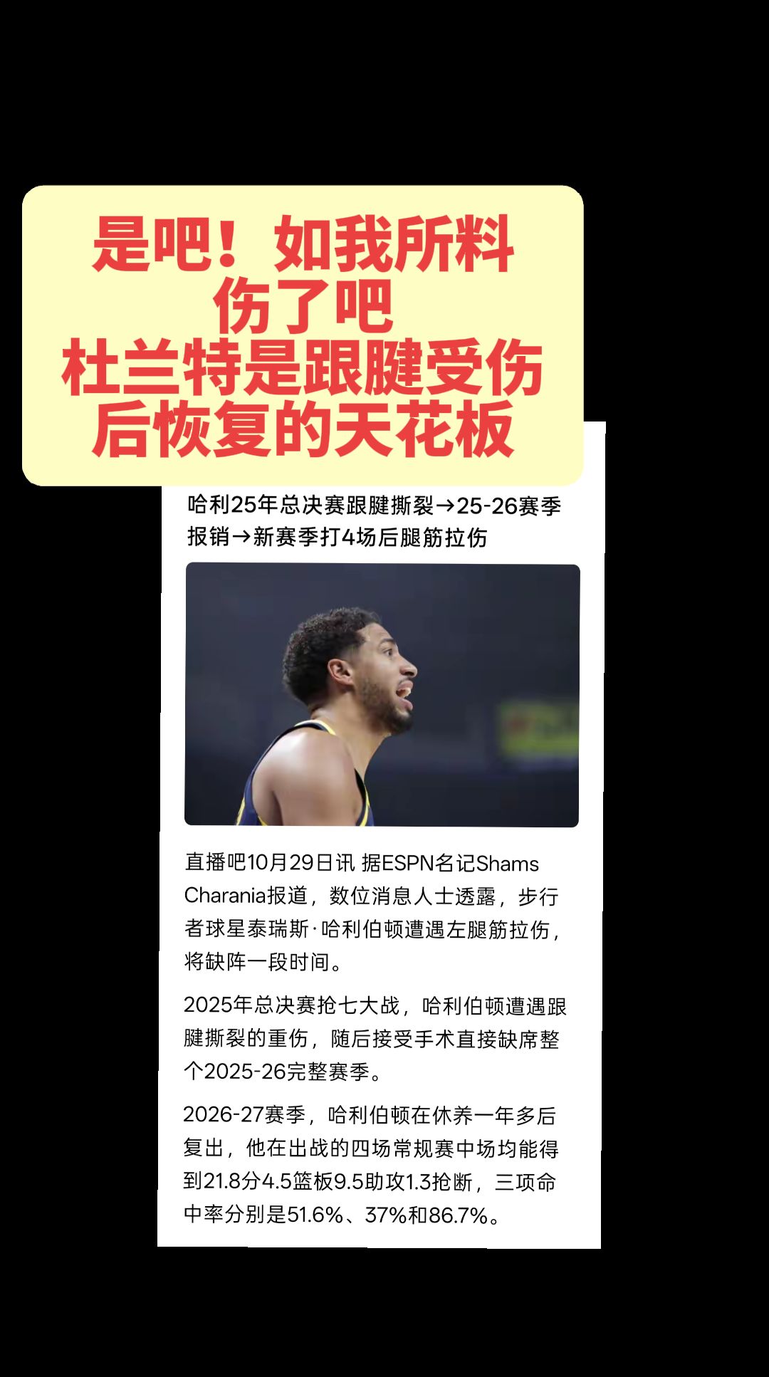 哈利伯顿又伤了！！！是啊，都觉得自己能恢复成杜兰特那样。
人家还是下滑了，不过是从99分滑倒了90分，普通人90分可能就滑到80分，就不能看了，你们说呢？nba伤病动态 球星受伤 nba受伤 杜兰特