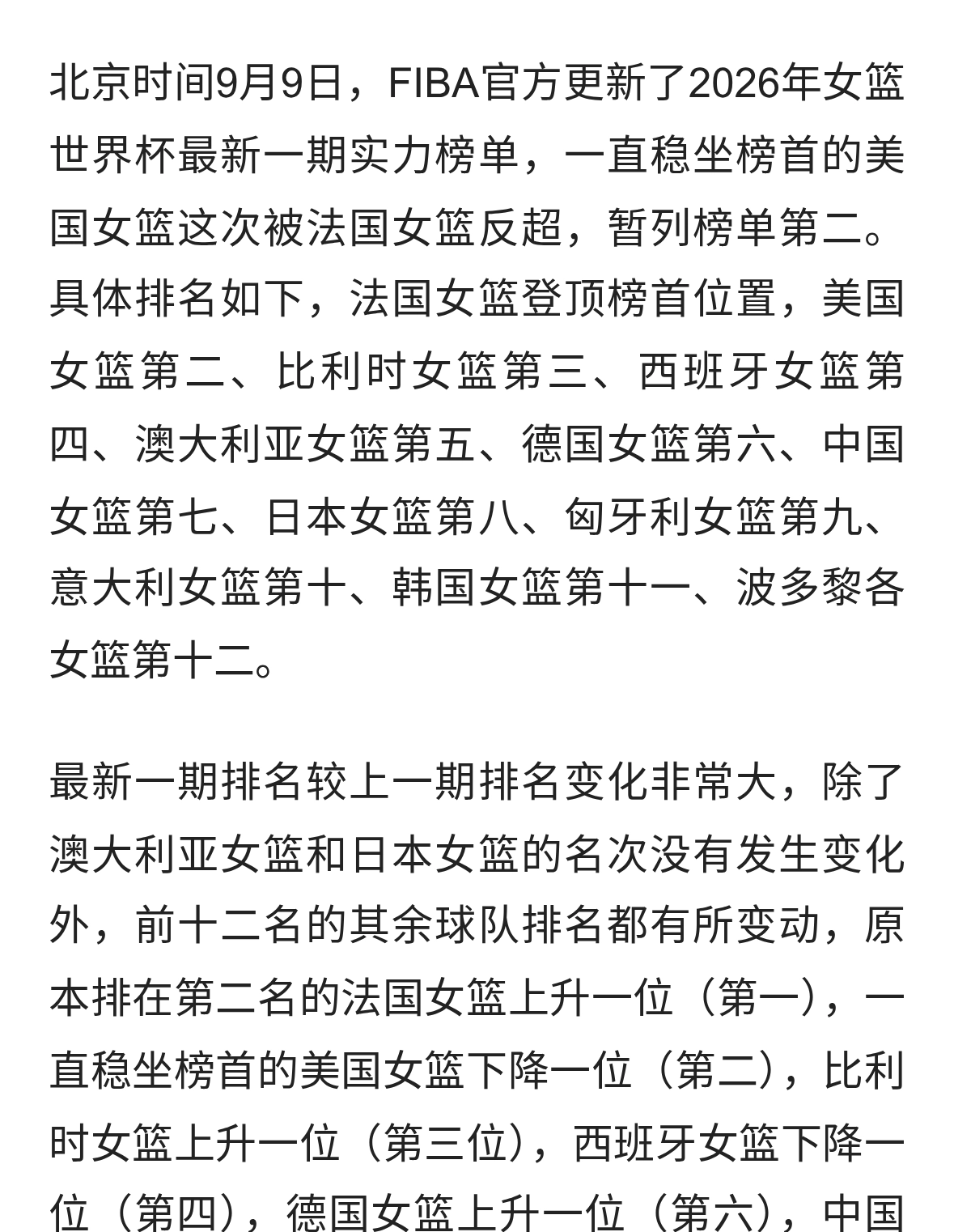 世界杯实力榜排名出炉，美国女篮跌落榜首，中国女篮排名很意外