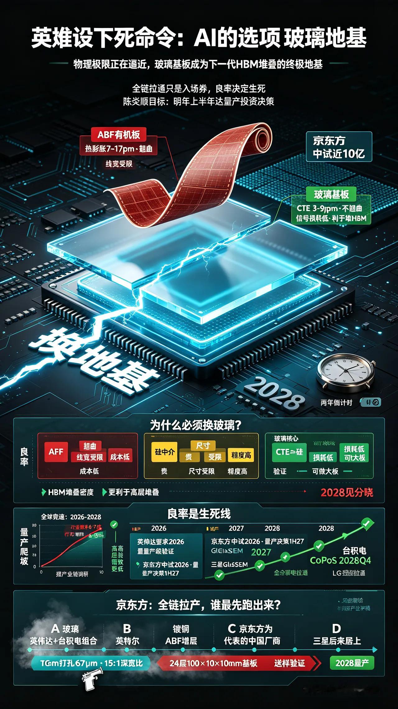 英伟达下死命令：两年内必须换上玻璃基板！京东方24层已跑通，摸到全球第一梯队

9月23日前后，玻璃基板赛道连续迎来催化，AI芯片的"地基"之战正式打响。

📌 一、英伟达的"加速令"

英伟达被韩媒披露，要求日韩及中国台湾基板厂加速玻璃基板开发，目标2028年前导入。

与此同时，台积电与Ibiden、群 ​