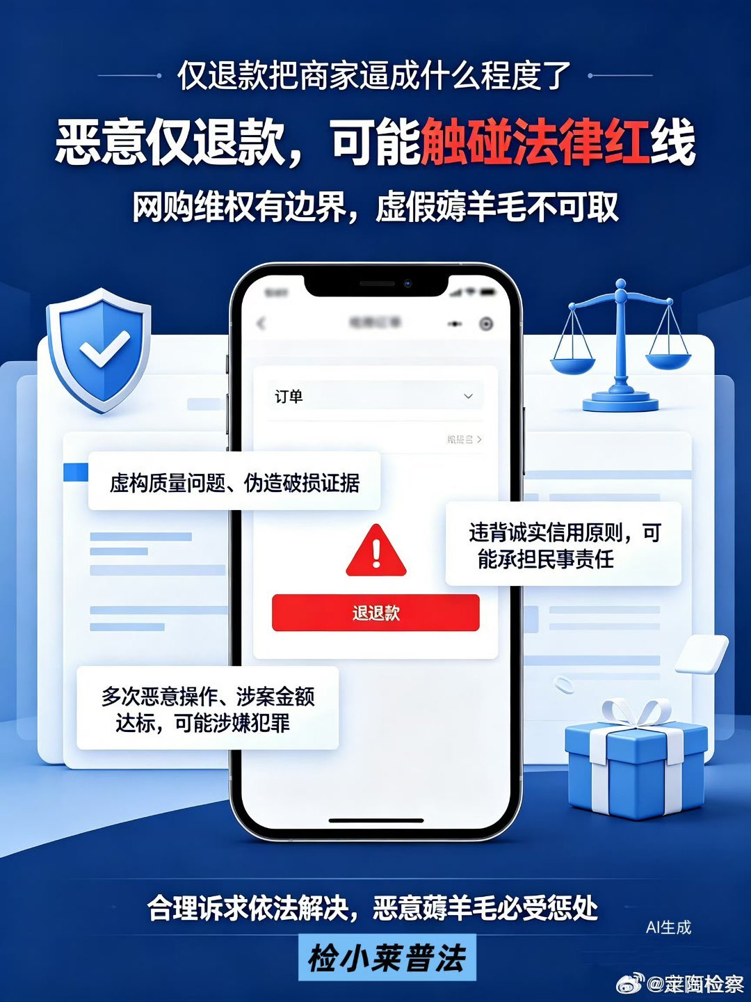 #仅退款把商家逼成什么程度了#网购正常售后维权受法律保护，但恶意仅退款、虚假薅羊毛绝非合理维权，而是触碰法律红线的违法行为。

#定检普法#  根据法律规定，此类行为违背民法典诚实信用原则，属于民事欺诈，商家可起诉追责、追回损失。若多次恶意操作、涉案金额达标，将涉嫌诈骗罪、破坏生产经营罪 ​