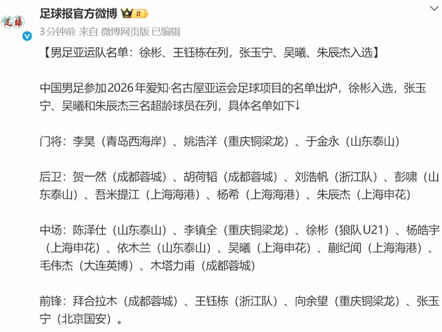 男足亚运队名单出炉🔥恭喜小毛！！