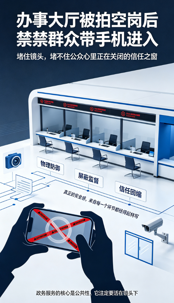 江苏灌云县综治中心在回应“窗口空岗”争议时，选择了一招最原始的物理防御：禁止群众带手机进入。工作人员那句“带手机进去都是断章取义的瞎拍”，听起来像是在维护秩序，实则暴露了某种深层的系统性焦虑。 
 
在数字时代，镜头早已成为社会运行的默认组件。当一个公共服务机构试图通过屏蔽镜头来维持 ​