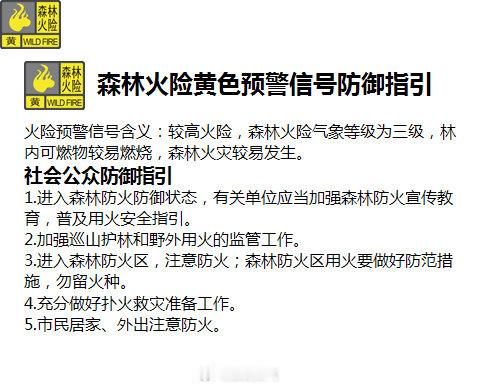 【深圳市森林火险黄色预警信号】深圳市森林防灭火指挥部和深圳市气象台2026年10月07日10时联合发布全市陆地森林火险黄色预警信号，预计我市天气将持续干燥，森林火险气象等级较高，林内可燃物较易燃烧，森林火灾较易发生。有关主管部门加大巡山护林力度，严格管制野外火源。 ​