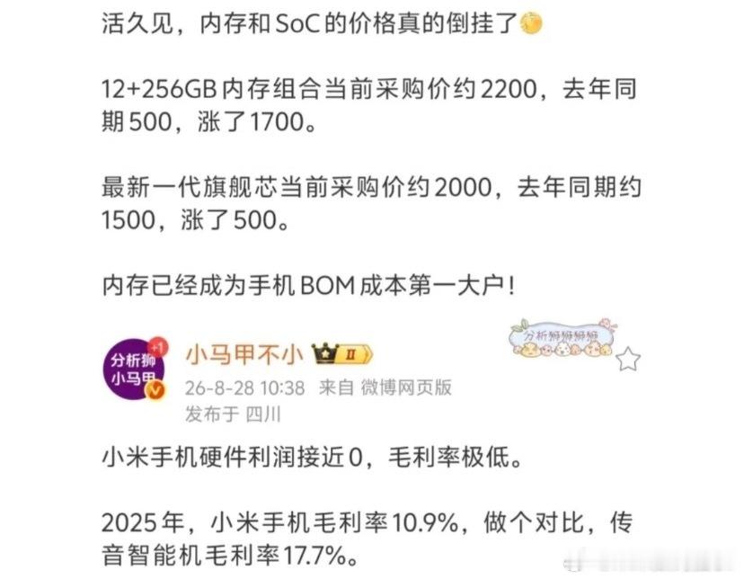 #内存涨价影响旗舰手机价格#内存价格暴涨，小米真在亏钱卖手机？
活久见！手机核心硬件价格直接倒挂了
12+256GB内存组合当前采购价约2200，去年同期才500，直接暴涨1700；新一代旗舰芯片采购价2000，同比上涨500。
内存一跃成为手机BOM成本第一大户，上游供应链成本疯涨，手机厂商压力拉满。
 
对比数 ​