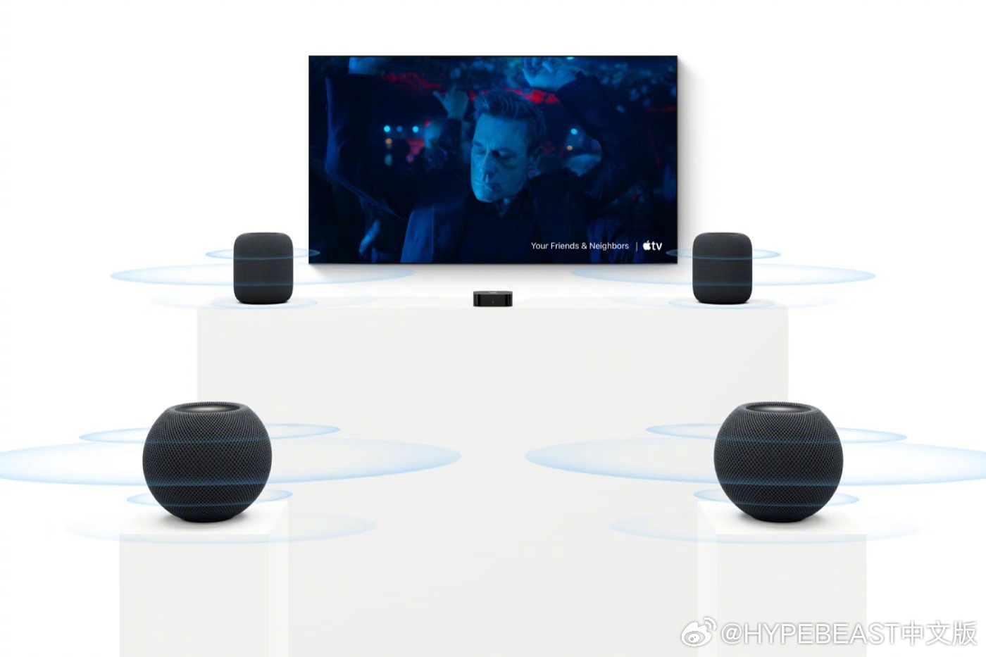 【Apple HomePod mini 2 升级发布：家庭影院新成员】

苹果正式发布了第二代小尺寸智能音箱 HomePod mini 2。该产品围绕 S10 芯片重新打造，并推出了全新的五款配色。此次更新引入了 Sound Glow 动态光效功能，该功能在音箱顶部表面增加了一层反应式灯光。此外，新款音箱还支持四扬声器环绕声、Mac 扬 ​