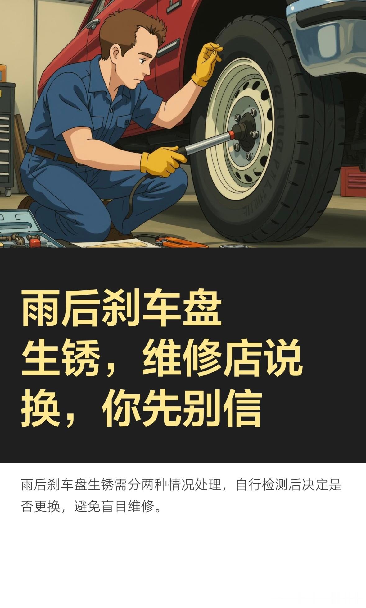 雨后刹车盘生锈，维修店说换，你先别信

暴雨后开出车来，刹车盘有锈，刚开两步心里就咯噔一下。如果你已经被建议换刹车盘，或者生锈的盘踩起来心里一直慌，这条你听我说完。
入行二十年，维修过上万辆车，我是汽修小杜。
雨后刹车盘有锈，先分两种情况。第一种，锈是浮在表面的一层薄锈，颜色发红，开 ​