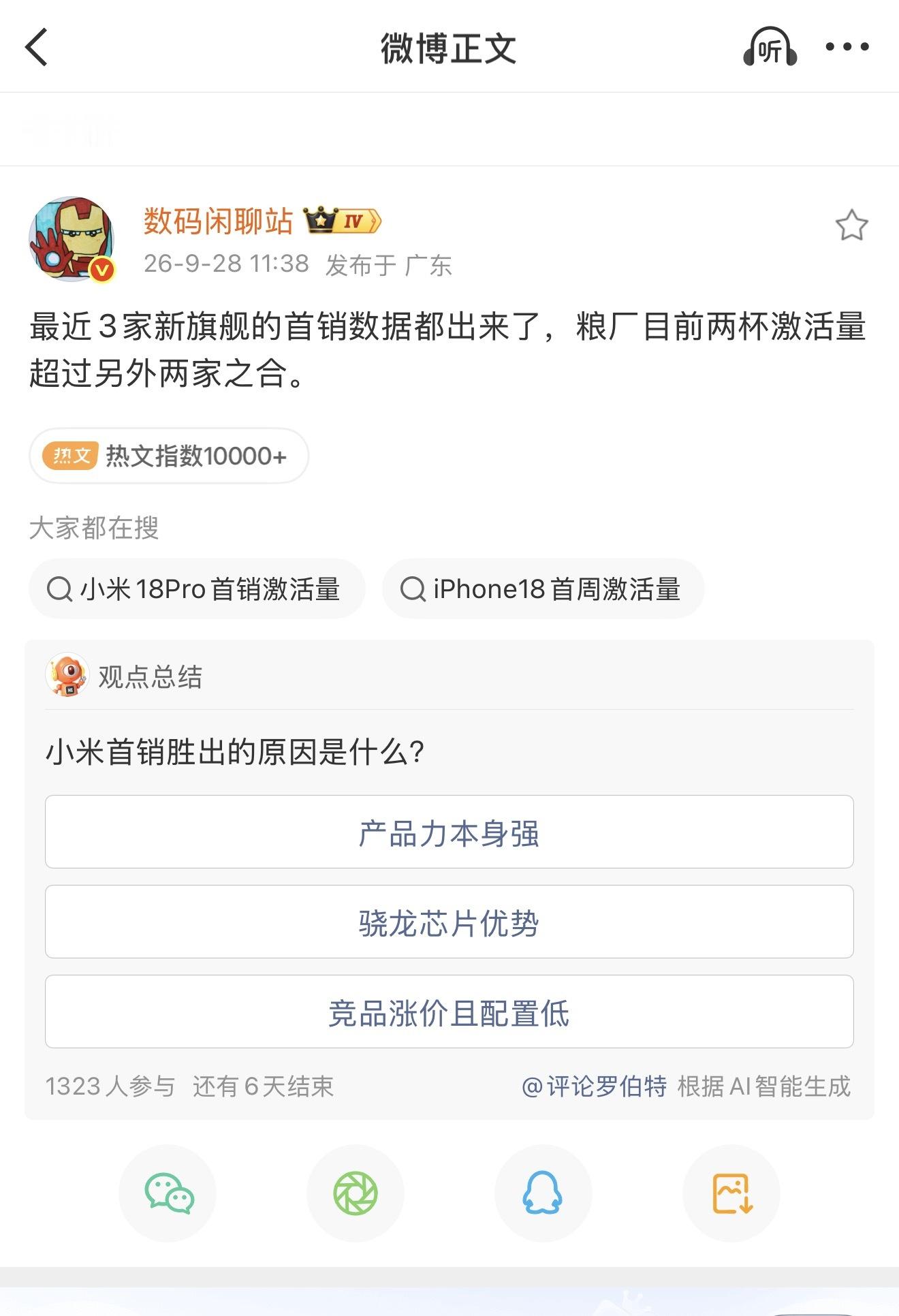 #9月国产旗舰新机首销小米领跑#
数码闲聊站爆料，9月这批同台上新的国产旗舰，小米18 Pro系列首销激活量，超过另外两家总和。

说实话，现在旗舰机涨价是常态，大家也没什么换机欲望，常规的堆料升级的话很难打动用户。我觉得小米这次能拉开差距，核心还是形态上做出了差异化创新。线下门店里，很多人 ​