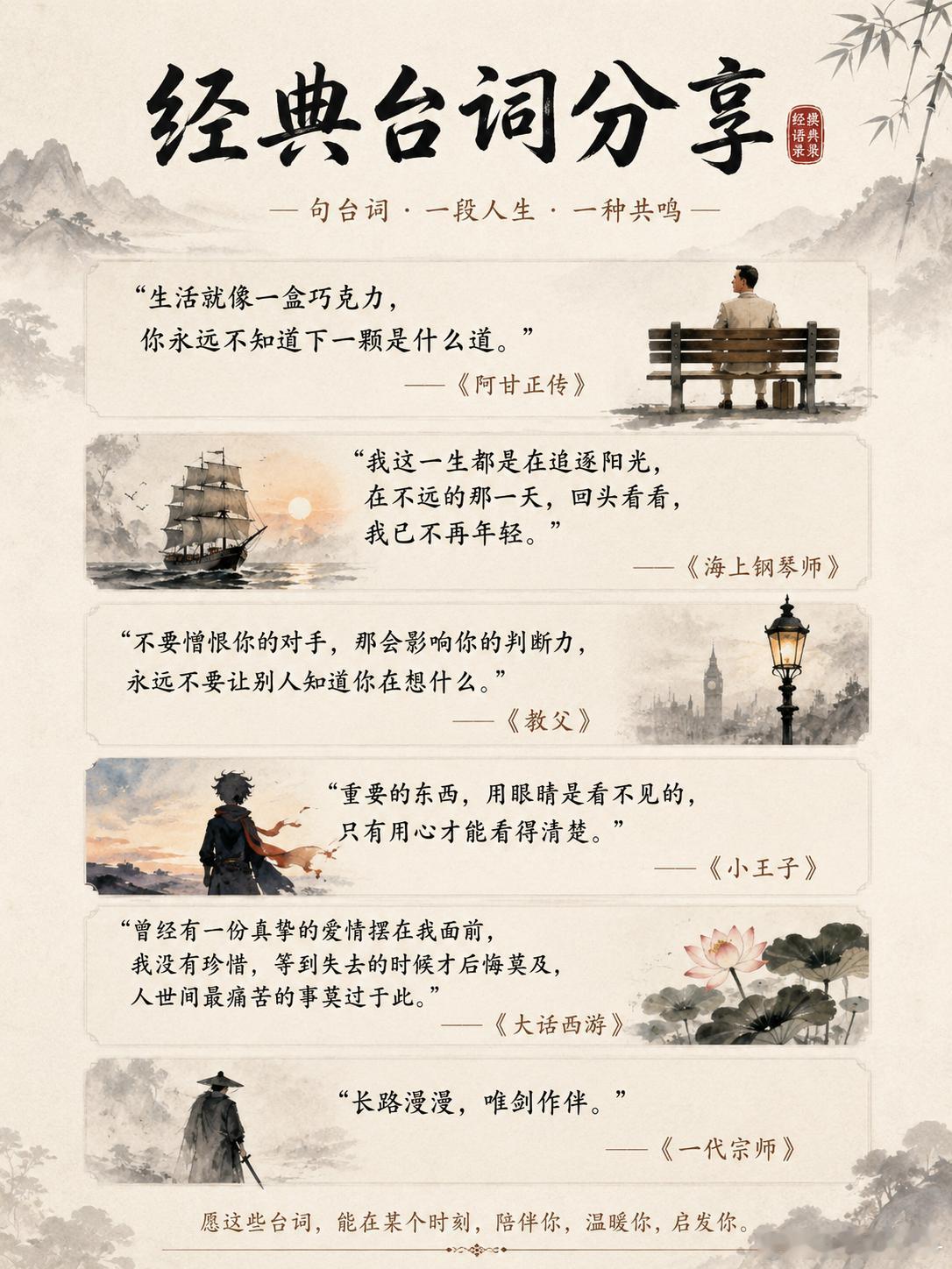 标题：经典台词分享｜一句话读懂一段人生

有些台词，第一次听只是觉得好听。
等经历多了，才发现句句都藏着人生。
电影会散场，但真正打动人的话不会消失。
它们提醒我们珍惜当下，也教会我们勇敢前行。
当你迷茫、疲惫或失落时，不妨重新读一遍。
也许某一句话，刚好能给此刻的你一点力量。

 ​
