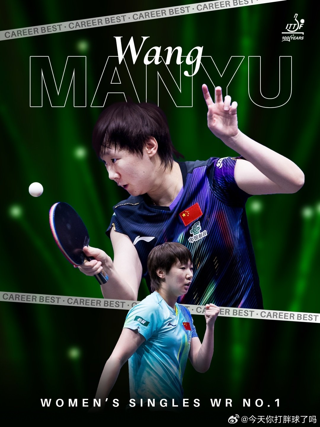ITTF：NEW WORLD NO.1 🏓👑
“王曼昱正式成为女单世界第一，这是她职业生涯首次登顶。
从2017年首个成年组冠军，到两届奥运会，再到休斯敦世锦赛女单冠军，以及上个月在马尔默的大满贯冠军，世界排名榜首是她满载里程碑的职业生涯中又一座新的里程碑。
恭喜王曼昱！🇨🇳”
 
#王曼昱# ​