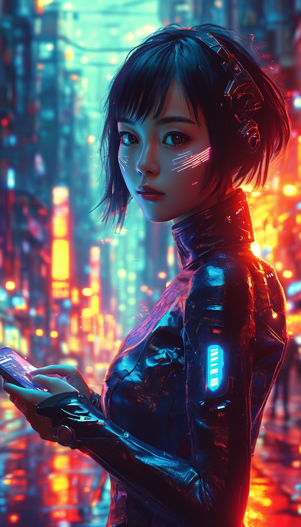 未来科技感十足，霓虹灯下的都市女郎