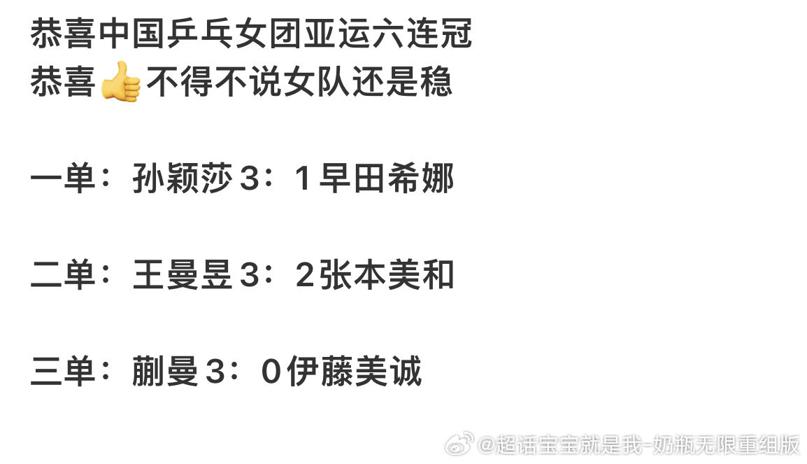 #国乒女团亚运会6连冠#🏓#国乒女团金牌# 恭喜国乒女团拿下亚运六连冠！女队的稳定让人无比安心[不愧是你]
莎莎啃下早田，曼昱鏖战险胜，蒯曼直接零封伊藤！常规操作罢了[爱你][爱你][爱你] ​