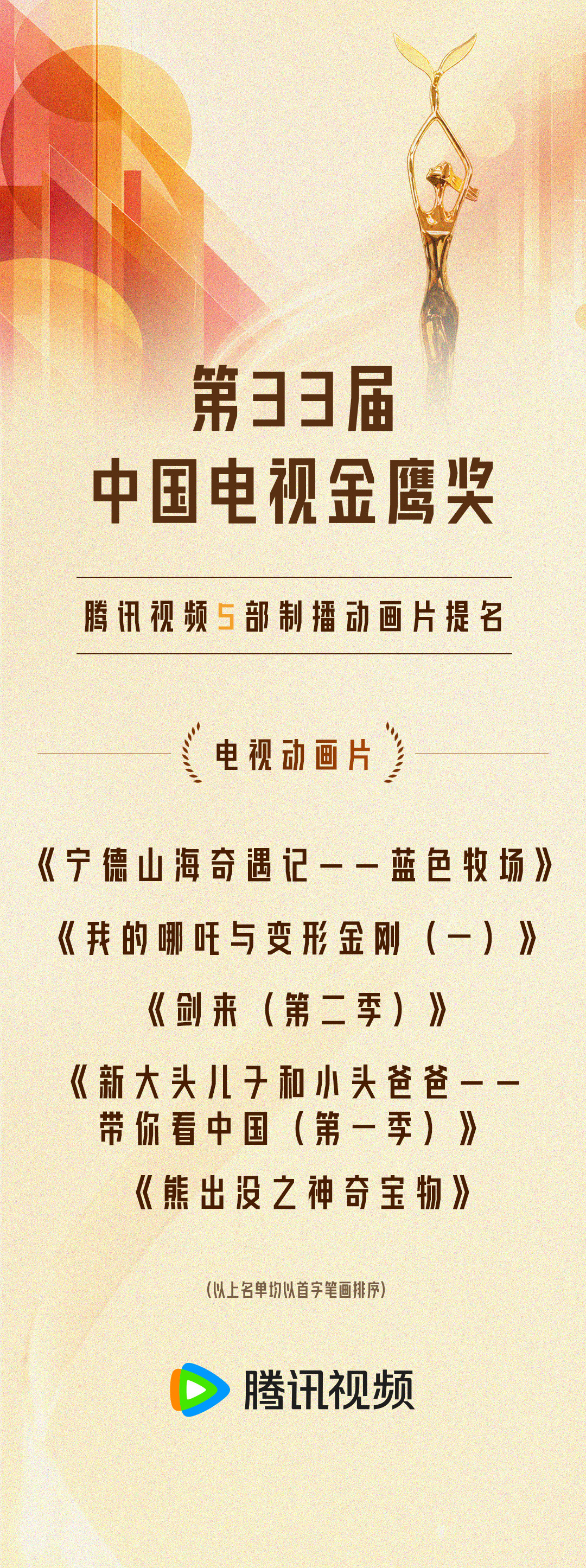 #第33届中国电视金鹰奖# 提名名单公布，腾讯视频5部制播动画片提名电视动画片单元✨
好故事值得被看见，感谢每一份热爱与陪伴！ ​
