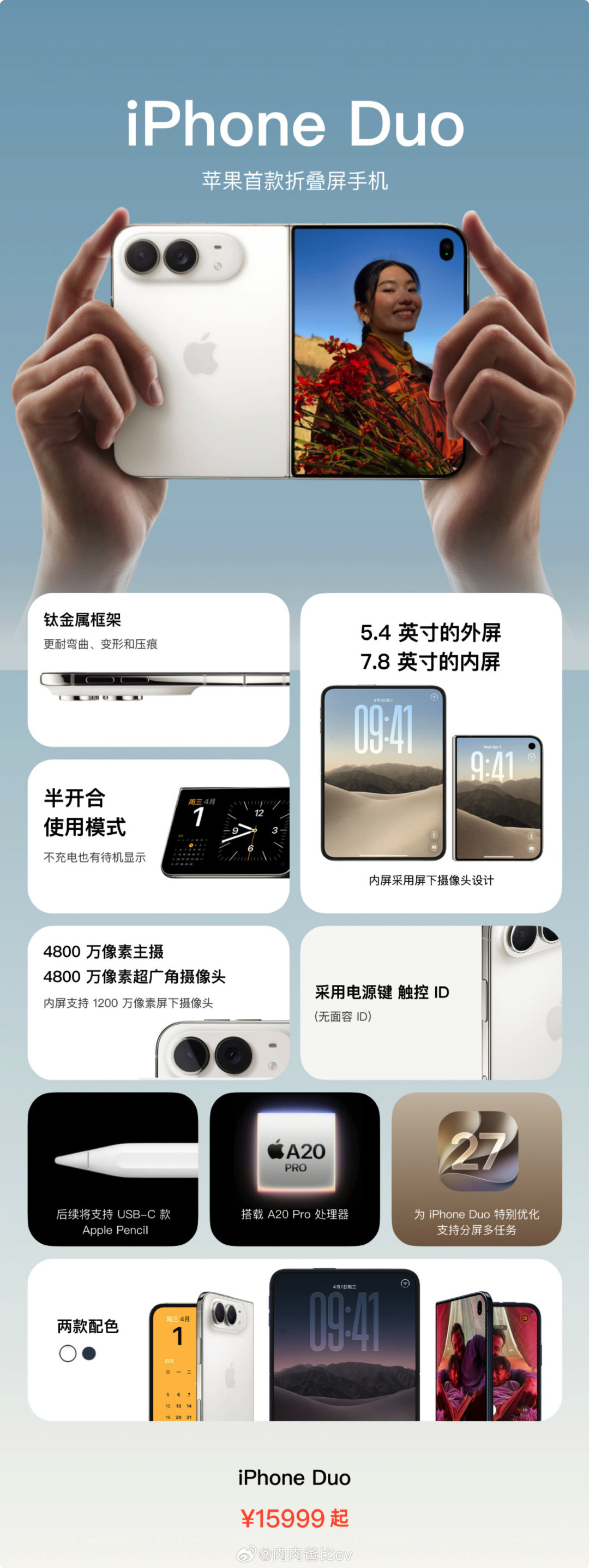 苹果发布会一图精美，iPhone Duo 确实贵，但应该不愁卖

256G不会有那么多人买吧，1TB要21499，这个价格可以买Mac了[流鼻血]

好像可以夸的就是 #iPhoneDuo过渡动画 完美# 
还有悬停的时候的触控界面也挺好
除此之外，感觉没啥吸引力啊...

生产力工具还是iPhone 18 Pro ​