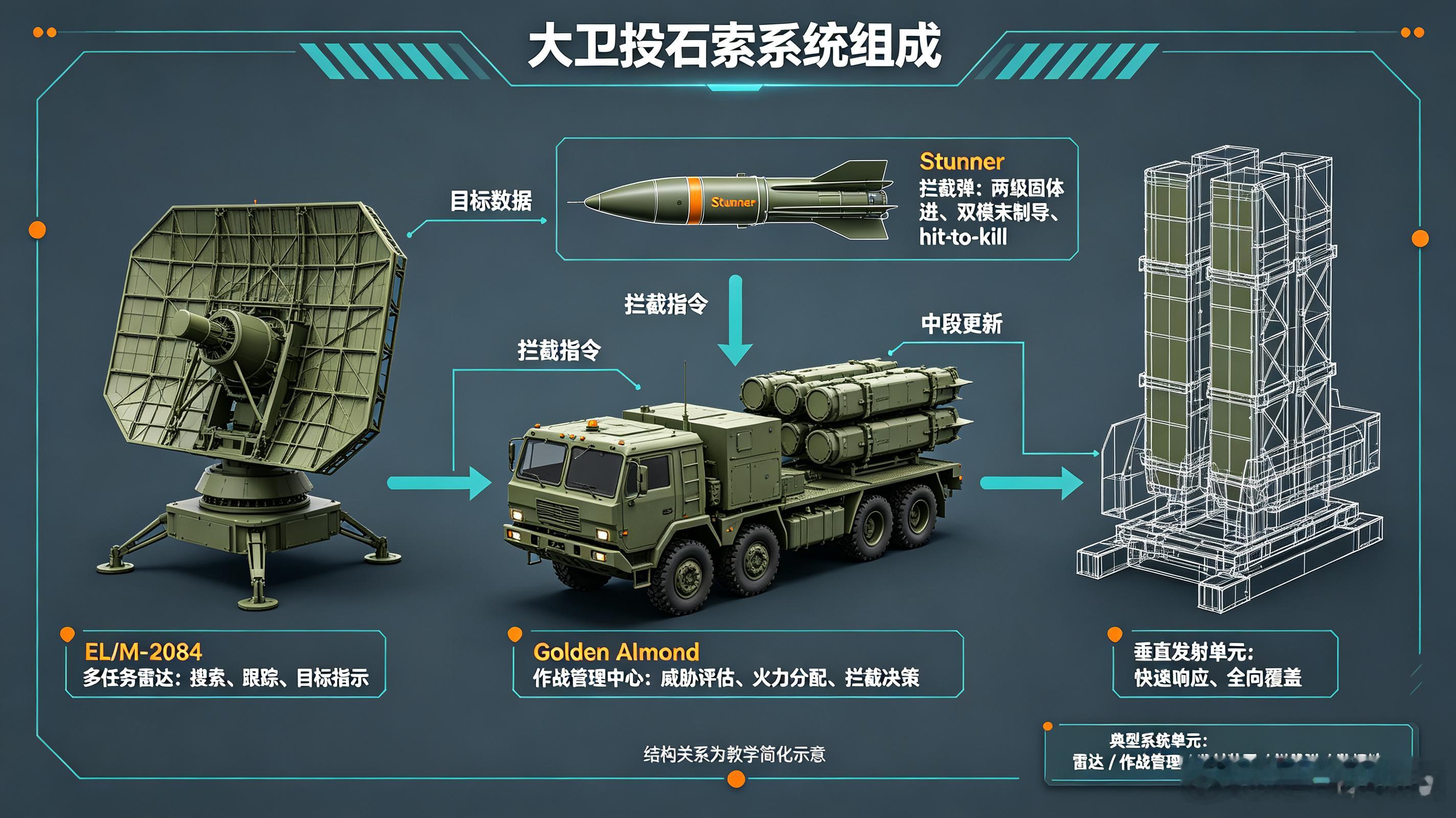 大卫投石索是以色列中层反导系统，填补铁穹低层防御与箭式高层反导之间的空域空白，在当前美伊以冲突的区域博弈中，承担关键的中段拦截任务。

该系统由以色列与美国联合研发，主要拦截近程弹道导弹、远程火箭弹、巡航导弹以及大口径炮弹，作战拦截区间覆盖数十到三百公里。整套装备包含多功能雷达、战 ​