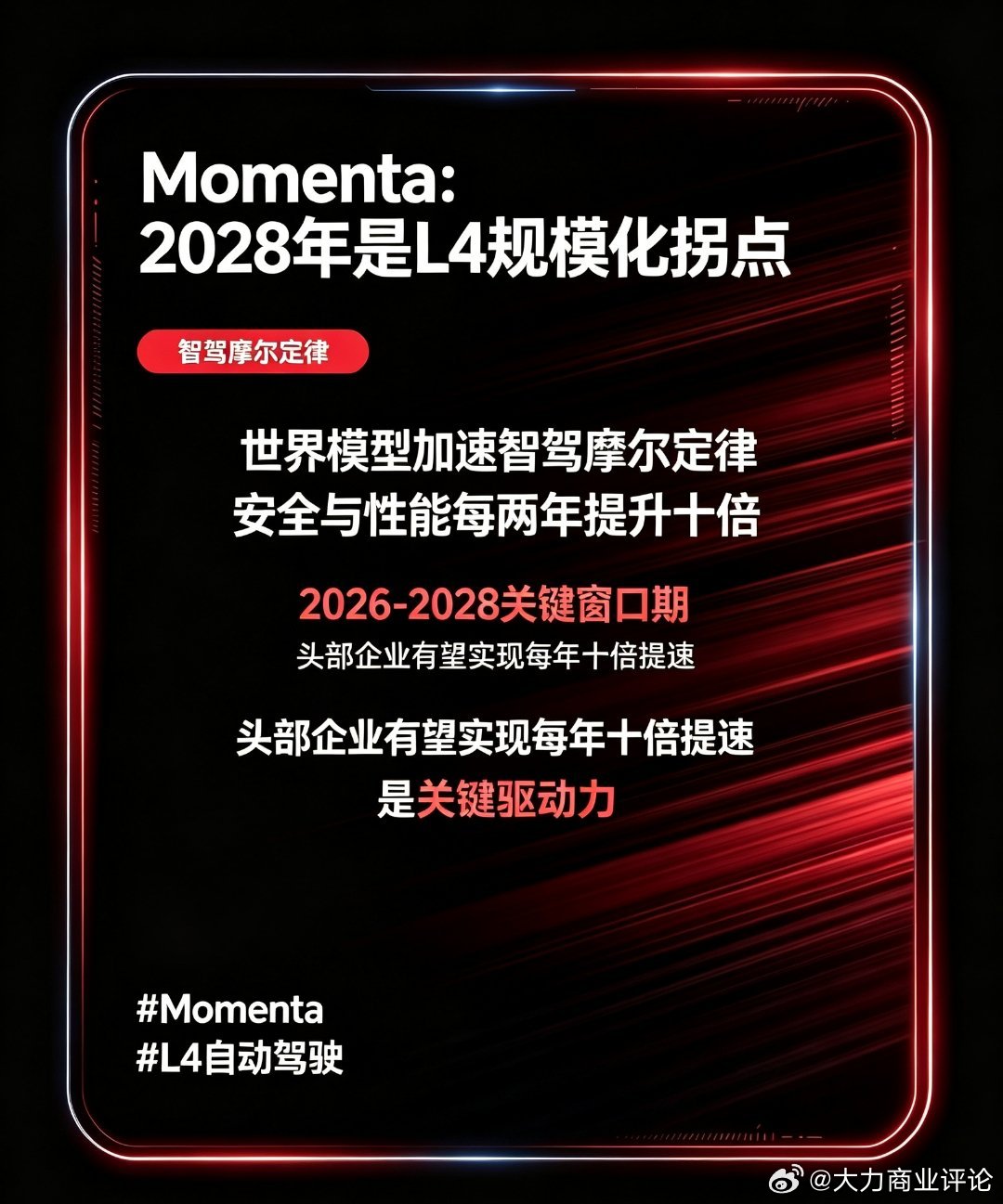 Momenta预判2028年为L4规模化拐点

10月20日，2026物理AI与世界模型大会上，Momenta CEO曹旭东提出，世界模型正在加速智驾摩尔定律，预判2028年将迎来L4规模化落地重要拐点。天眼查显示，Momenta主体为苏州智驾科技有限公司，长期聚焦自动驾驶技术研发。
 
他把智驾安全、性能每两年提升十倍的现象定义 ​