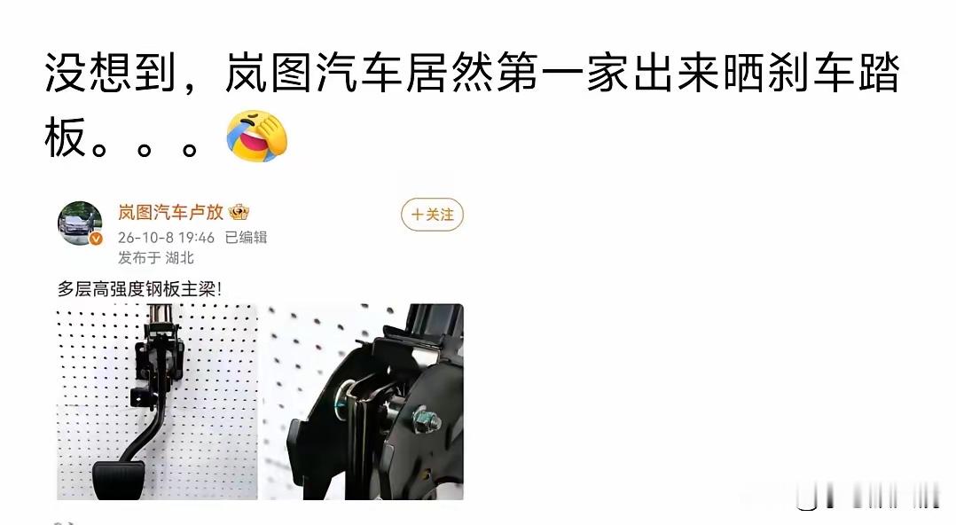 仅仅九个字！岚图这波宣传是不是太高明了？刚刚网上传出，有家车企的刹车踏板做测试的时候断了。紧跟着，岚图官方就发了一条动态，配上自家刹车踏板的图片，简简单单九个字：多层高强度钢板主梁！
这句话看着很短，但是里面的含义可不简单。
潜台词就是：我们不用塑料件，踏板主梁用的是多层高强度钢板，安全性做得很足。