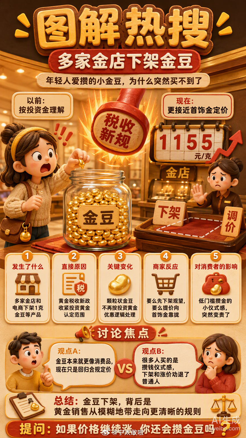 以前总觉得攒金豆是种踏实的小浪漫，看着瓶子里的金豆豆一点点变多，心里也跟着富足起来。现在多家金店突然下架了这些小金豆，说是税收新政收紧了认定范围，颗粒状的金豆不再算投资黄金，得按首饰金的规矩来。

这一下，那种低门槛的“攒钱仪式感”算是彻底碎了。本来觉得每个月省下一杯奶茶钱换颗金豆 ​