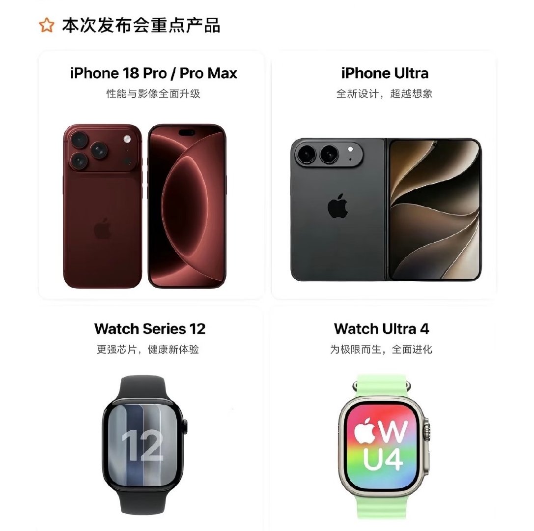 #苹果6款新品前瞻#最值得关注的还是iPhone Ultra ，苹果的首款折叠屏，不知道能交出怎样的答卷。当然还有新配色看是否能引领新潮流，科技圈春晚，目前关注度确实高。 ​