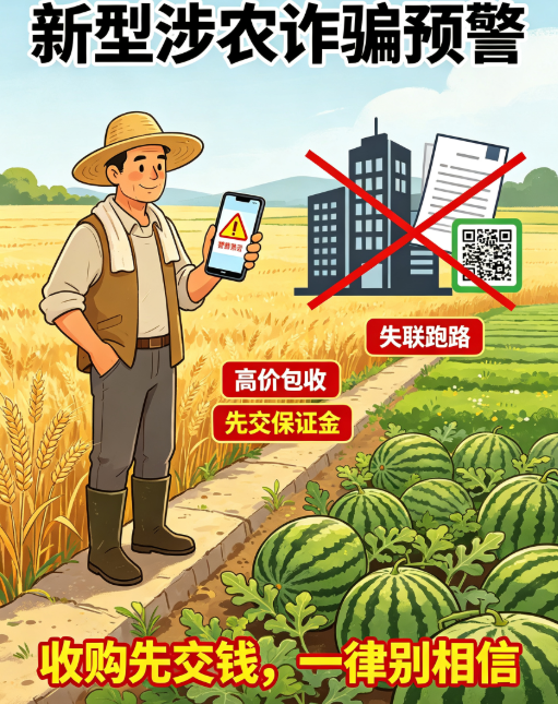 【⚠️农户紧急避雷！新型涉农骗局爆发！数百人种地被骗800万】
种地的老乡注意了！！最新专属农民的诈骗套路来了，隐蔽性超高，很多大户已经中招！
近日安徽警方侦破一起新型涉农合同诈骗案，全国数百名种植户被骗，总涉案金额超800万元！
💡骗子完整套路，大家一定要看清：
✅主动找你：在短视频蹲种地农户，声