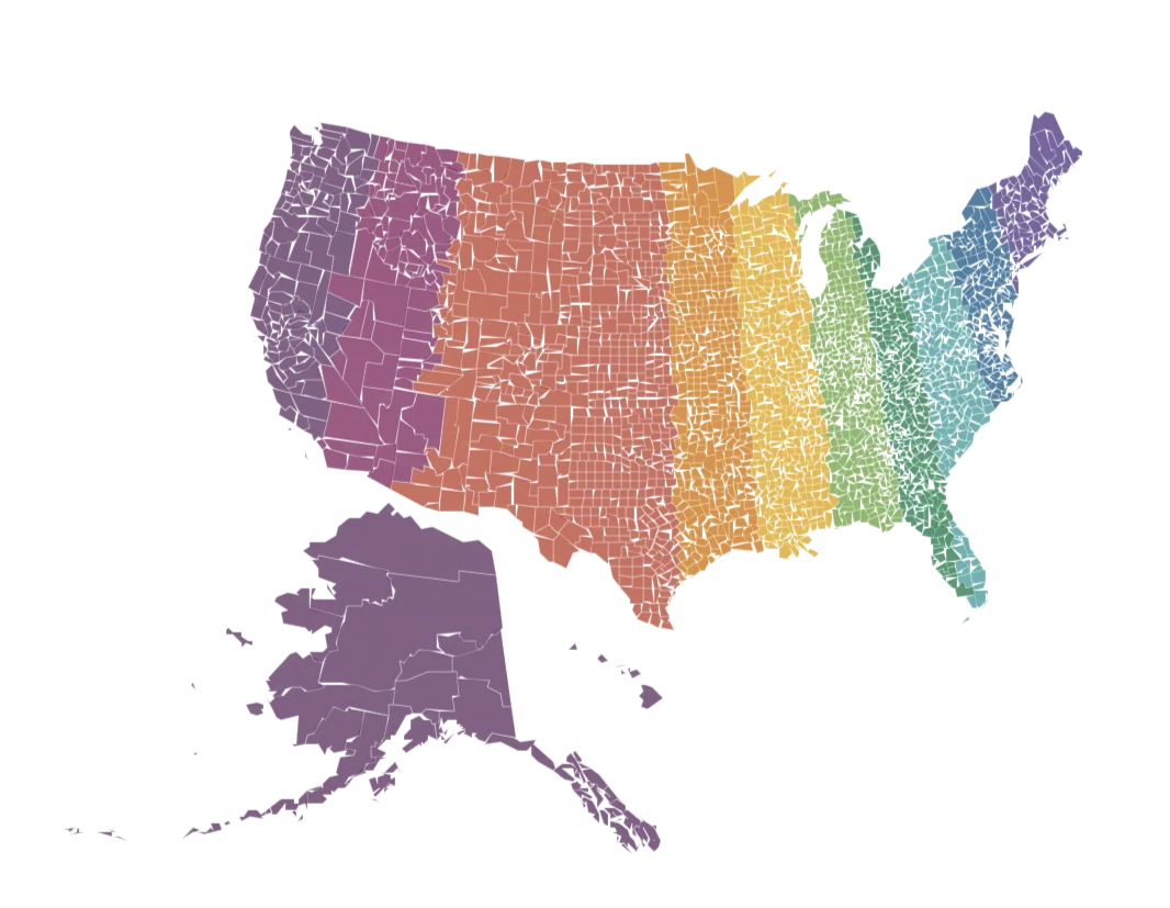 两种方式把美国分割成人口相同的十等份