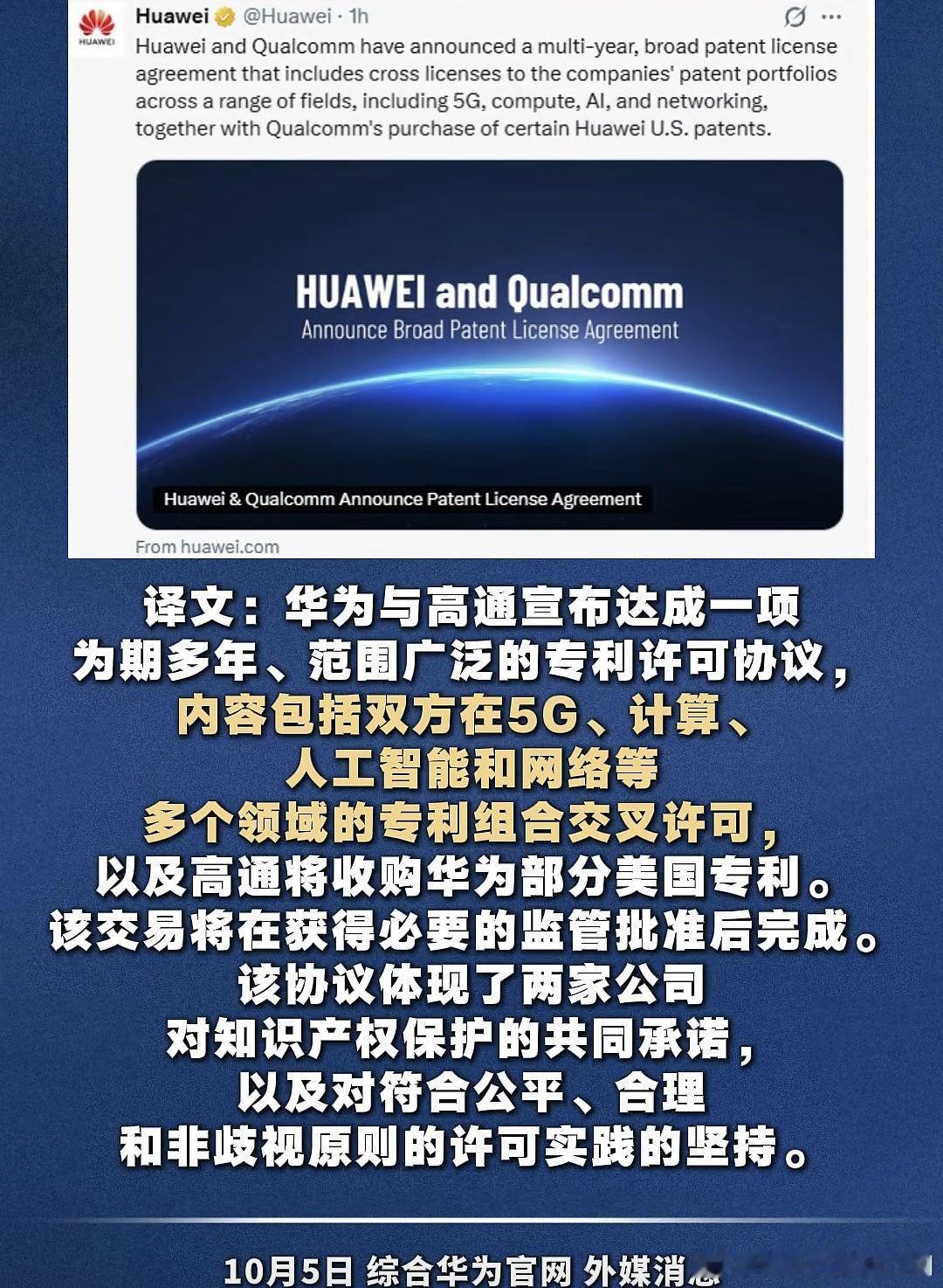 华为与高通宣布达成一项
为期多年、范围广泛的专利许可协议，
内容包括双方在5G、计算、
人工智能和网络等
多个领域的专利组合交叉许可，
以及高通将收购华为部分美国专利。
该交易将在获得必要的监管批准后完成。
该协议体现了两家公司
对知识产权保护的共同承诺，
以及对符合公平、合理
和非歧视原则 ​
