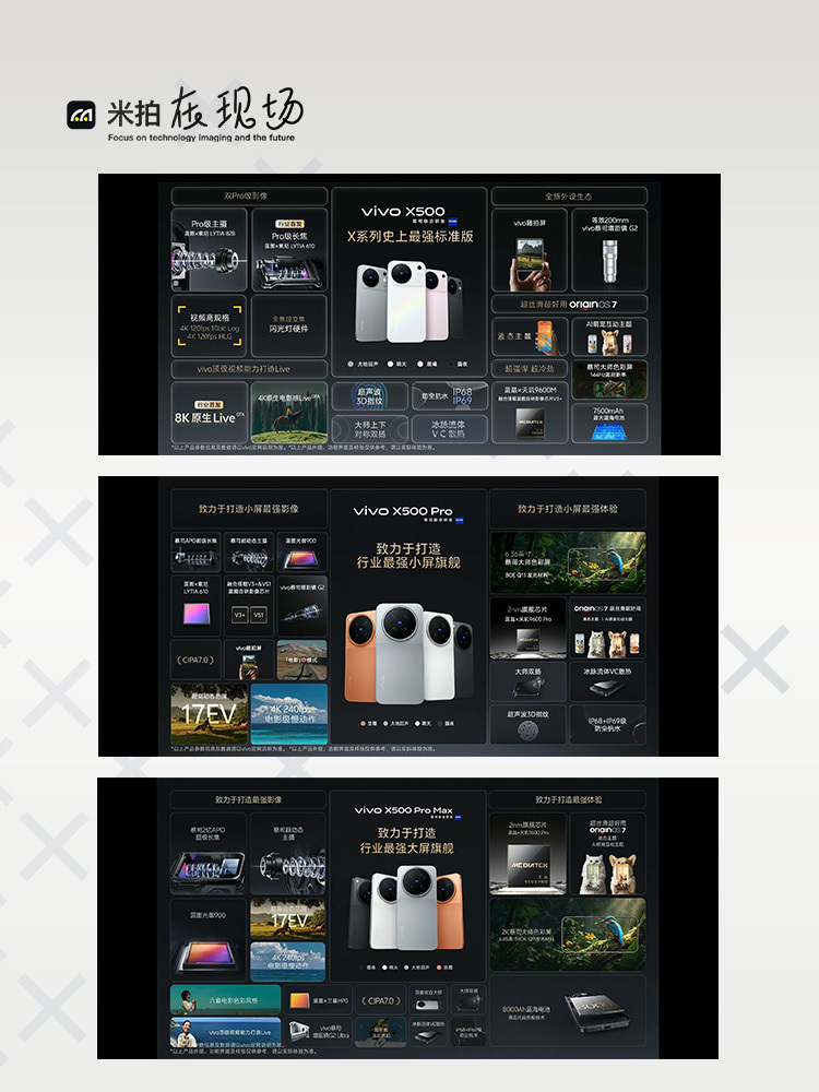 vivo X500 Pro Max终于发布啦！

「 vivo X500」 和「 vivo X500 Pro」系列发布会结束了，小编来总结一下影像部分。
vivo X500 外观配色：晴天、晨曦、摄夜、大地回声
vivo X500 Pro 外观配色：晴天、览霞、摄夜、大地回声

大家最期待的「vivo X500 Pro Max 」影像配置再一次拉满：
主摄： 5000万像素 ​