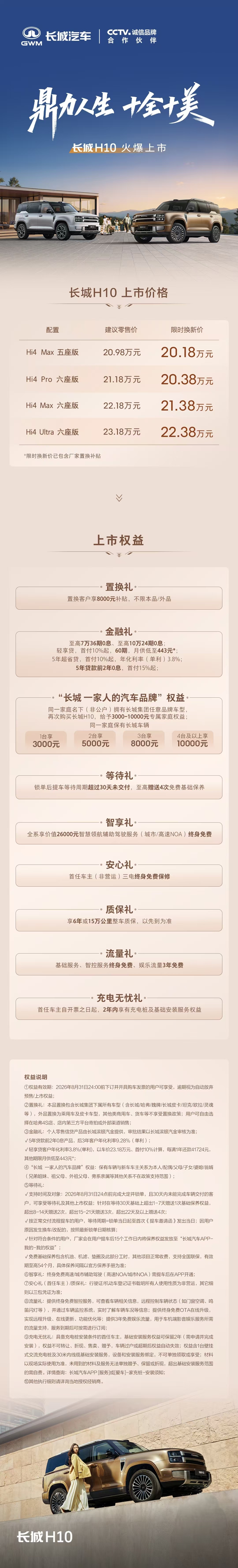 车盟快讯：8月5日，长城H10正式上市，新车共推出4款配置，售价区间为...