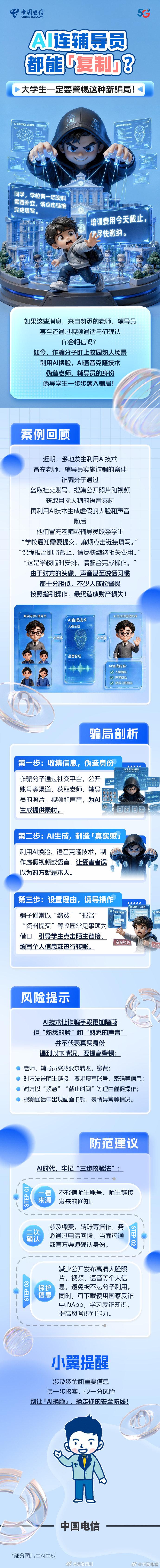 AI连辅导员都能“复制”？大学生一定要警惕这种新骗局！#法治达州[超话]##达达分享#  via：中国电信 ​​​