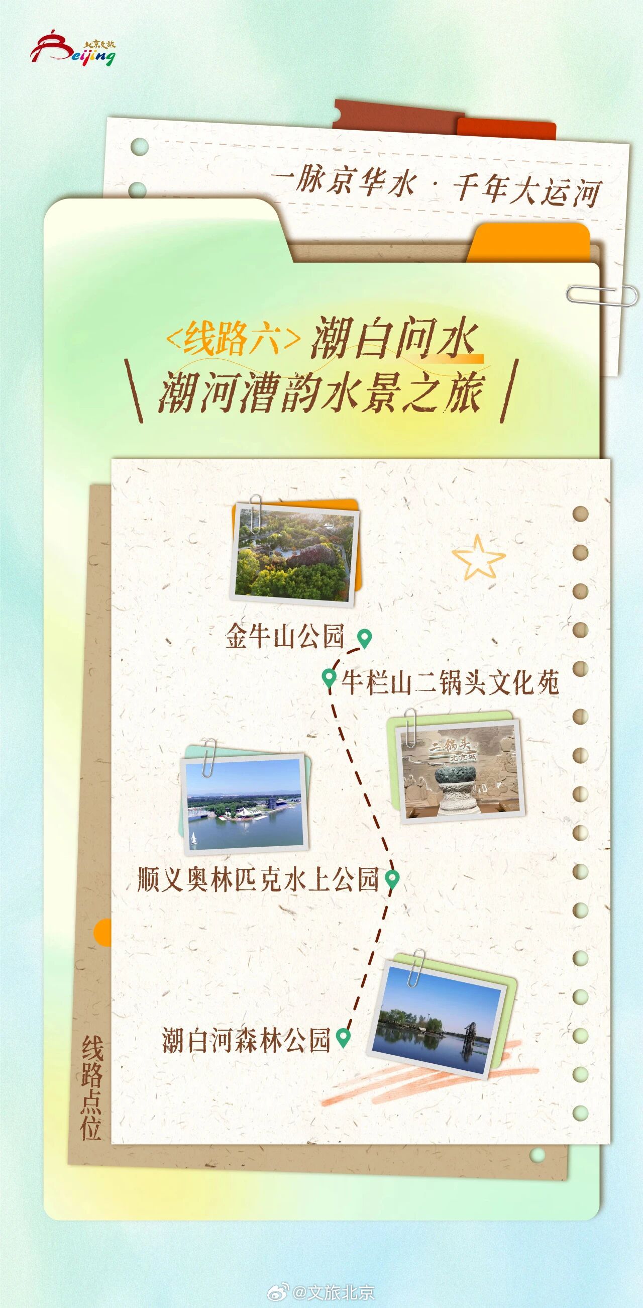 #乐游京城# 【一脉京华水·千年大运河 10条“漫步北京——大运河文化主题游”线路】
一渠活水牵起燕赵古今，一脉漕河绾住京华千载。

自白浮泉水涌起势，经长河御道、什刹市井，向东流至通州漕滩，八十余里北京大运河蜿蜒老城新区，连接起水工智慧、皇家风雅、市井烟火与当代新韵。

北京市文化和旅游局 ​