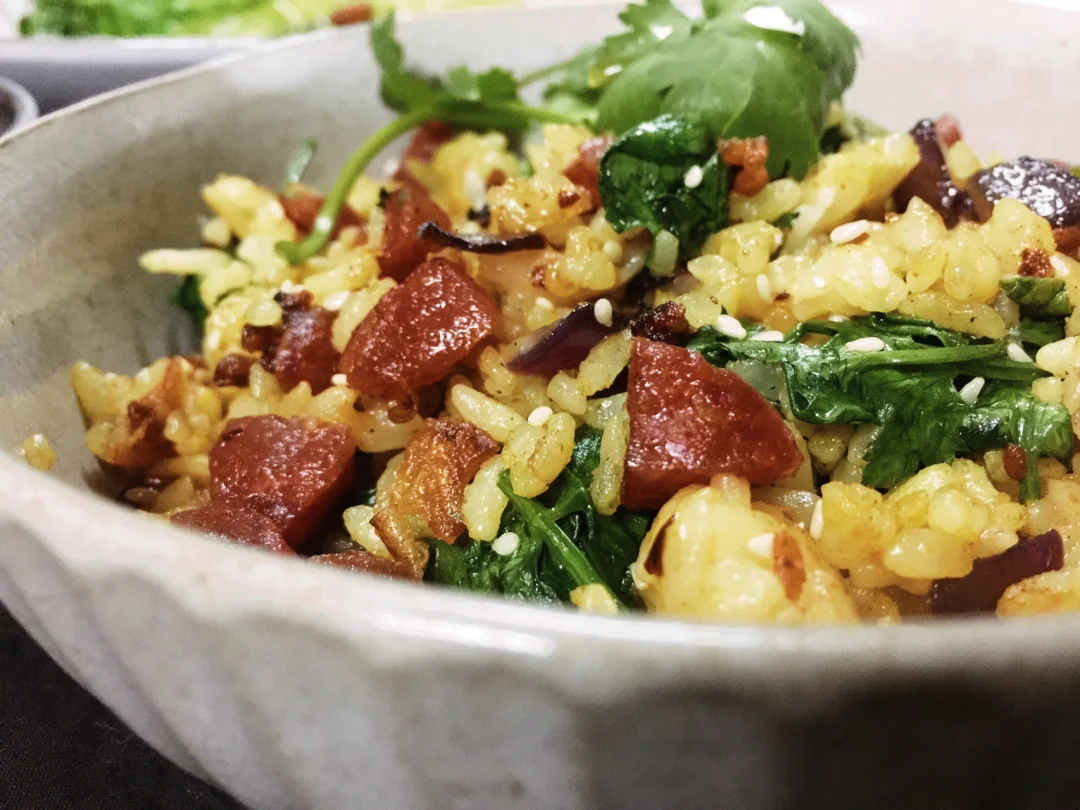 粗茶淡饭🥢｜【腊肠香菜炒饭】🍚【白灼生菜】🥬