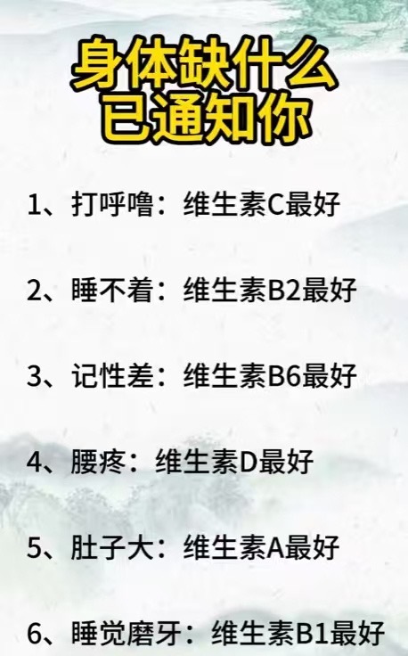 身体缺什么已通知你1，打呼噜：维生素C最好2，睡不着：维生素B2最好3，记性差：维生素B6最好4，腰疼：维生素D最好5，肚子大：维生素A最好6，睡觉磨牙：维生素B1最好 ​​​