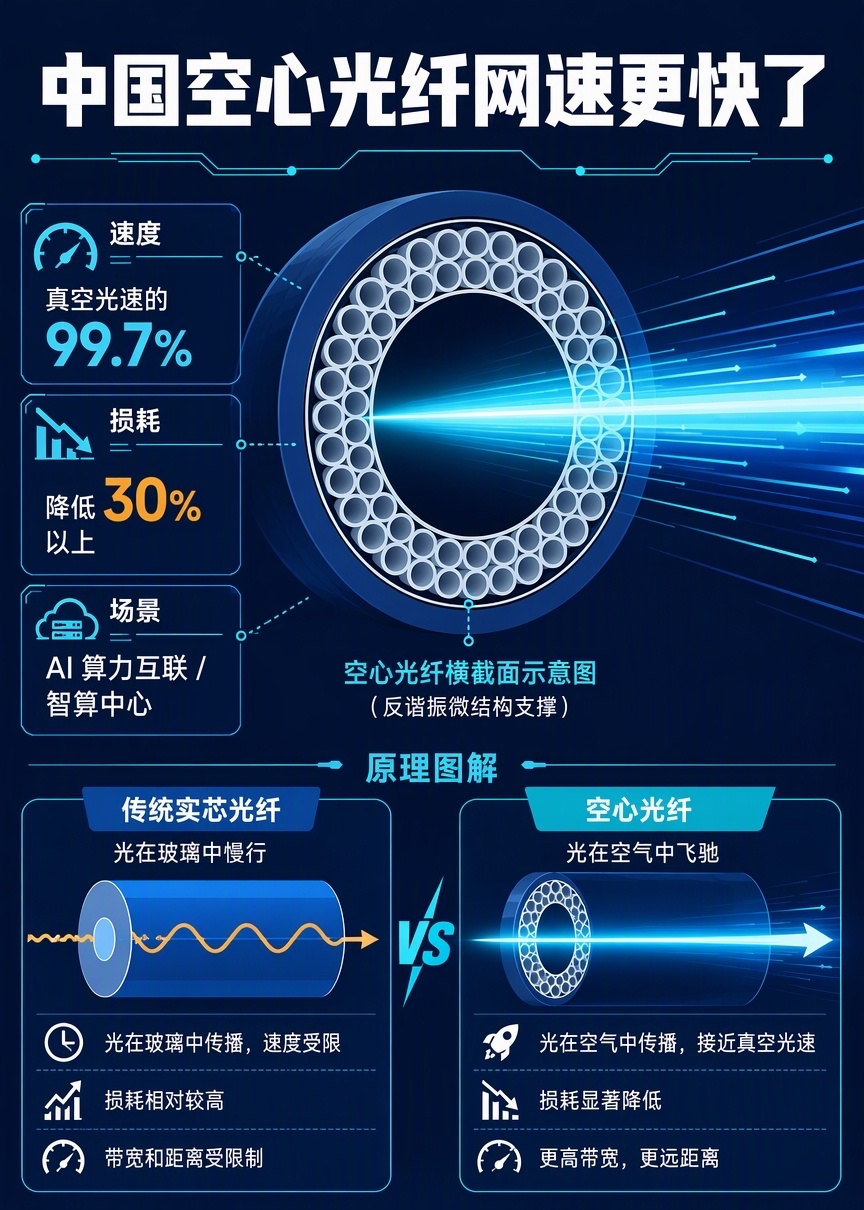 咱们平时上网用的光纤，里面核心是实心玻璃。这次上新的空心光纤，简单说就是光纤中间是空的，不再靠玻璃芯传光，光直接在中空通道里跑。

光在空气里传播，阻力更小、信号损耗低，传输速度和带宽直接上一个台阶，延迟也更低。长距离传输的时候优势尤其明显，以后跨城、跨洋的大容量数据传