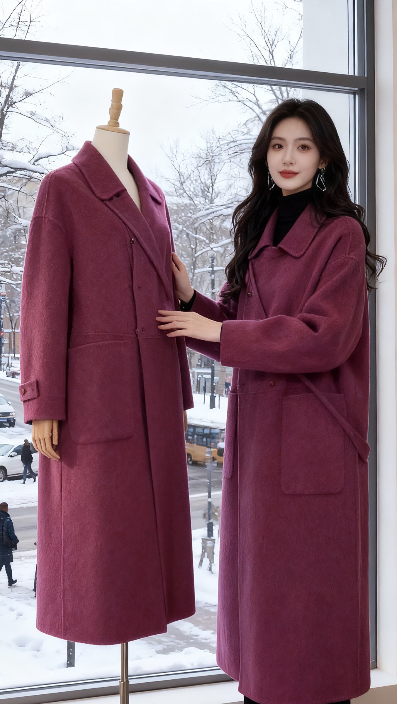 2025新款双面羊毛双排扣慵懒风设计师款中长款大衣气质女外套秋冬