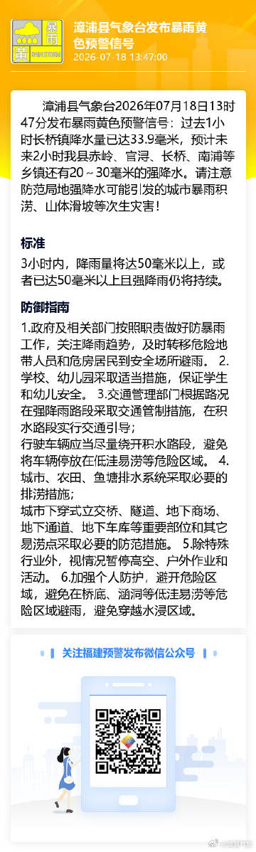 漳浦县气象台2026年07月18日13时47分发布暴雨黄色预警信号：过...