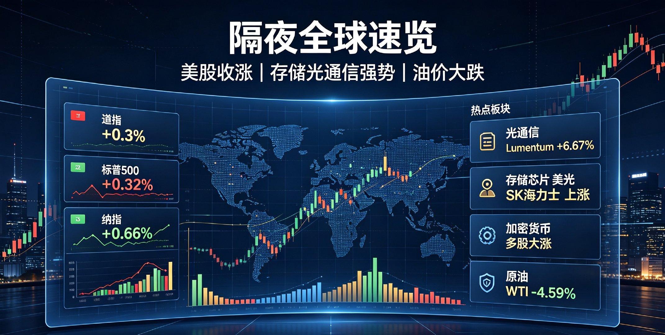 隔夜全球市场：美股全线收涨，存储光通信强势，油价大跌

8月25日美股三大指数集体收红，道指涨0.3%，标普500涨0.32%，纳指上涨0.66%。科技巨头走势分化，英伟达大涨2.19%，为明日盘后财报预热，苹果、谷歌、亚马逊小幅收跌。

盘面亮点集中在AI硬件链，光通信、存储芯片迎来强势反弹，Lumentum、应用 ​