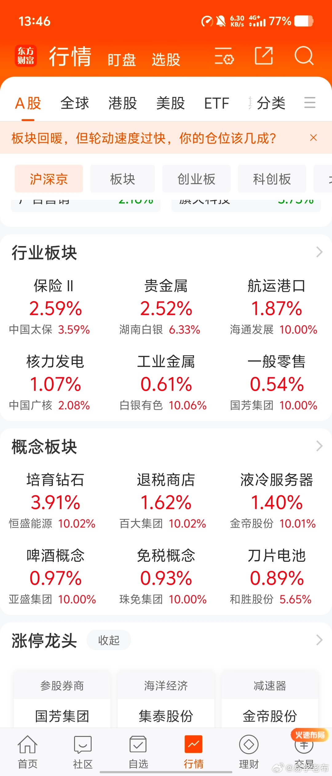 这个月涨的板块和股票，贵金属军工银行保险证券钻石工业金属液冷，全都是金...