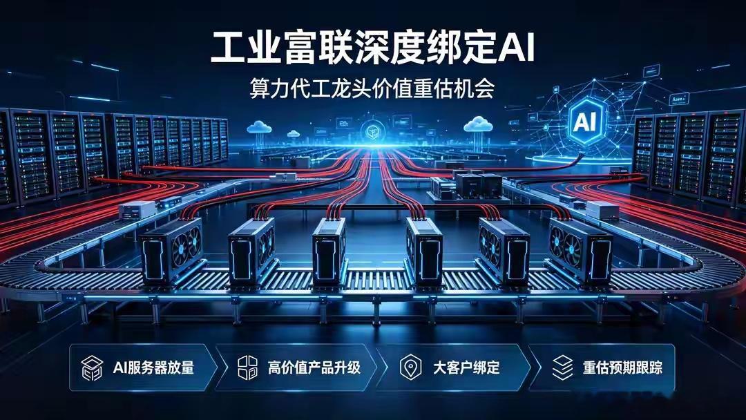 工业富联深度绑定AI｜算力代工龙头，价值重估逻辑梳理

⚠️仅产业科普分析，不构成投资建议，股市有风险
提到AI算力链，大家目光大多聚焦GPU、光模块，很容易忽略算力服务器代工这个承上启下的关键一环。过去很多人只把工业富联当成消费电子代工厂，而随着全球算力建设浪潮，它的AI服务器业务高速增长 ​