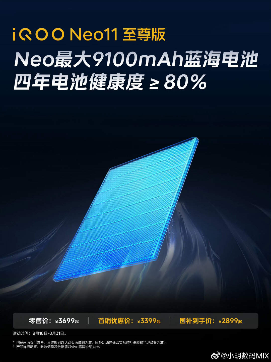 #iqoo[超话]##iQOO Neo11 至尊版# 搭载Neo系列史上最大9100mAh蓝海电池🔋
大电量带来长效续航，同时兼顾电池寿命，循环使用四年，电池健康度依旧≥80%。续航拉满，久用依旧耐用，告别电量焦虑。 ​