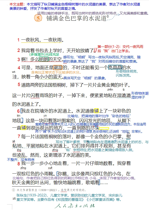 三上语文第5课《铺满金色巴掌的水泥道》