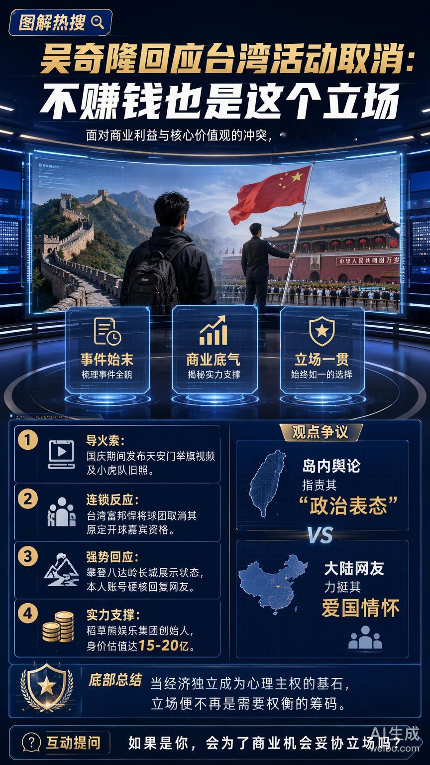 面对台湾方面取消商业活动的打压，吴奇隆那句“不赚钱也是这个立场”，在心理学上是一次极具力量的“边界重建”。

我们常以为立场是一种需要权衡利弊的社交策略，但在吴奇隆身上，它更像是一种稳固的心理锚点。

当外界试图用经济利益来胁迫一个人改变核心价值观时，他展现出的不是愤怒，而是一种近乎 ​