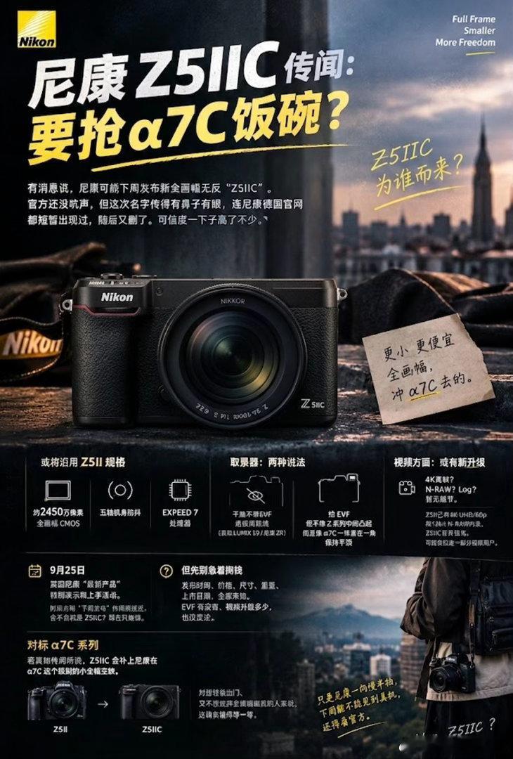 尼康Z5IIC传闻：要抢α7C饭碗？

有消息说，尼康可能下周发新全画幅无反“Z5IIC”。官方还没吭声，但这次名字传得有鼻子有眼，连尼康德国官网都短暂出现过，随后又删了。可信度一下子高了不少。

这台机器定位很明确：拿Z5II当底子，做更小、更便宜、更适合天天带出门的全画幅，冲索尼α7C系列去的。Z5 ​