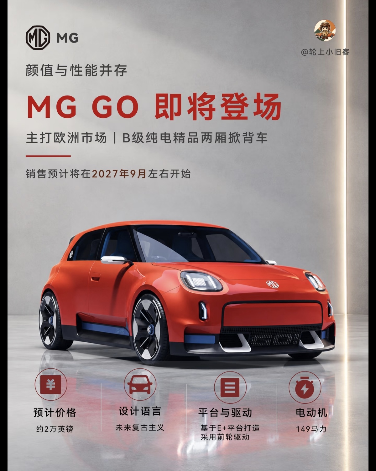 上汽名爵MG GO真好看。MG GO是MG专门为欧洲市场打造的全新纯电小掀背，定位精品代步小钢炮，目前还处于概念阶段，计划2027年9月启动销售。它基于E+纯电平台打造，采用前轮驱动，搭载149马力电机，搭配磷酸铁锂电池，车身长度大约4米。外观是它最大亮点，圆润的车身线条、圆形复古大灯，一眼看去和M