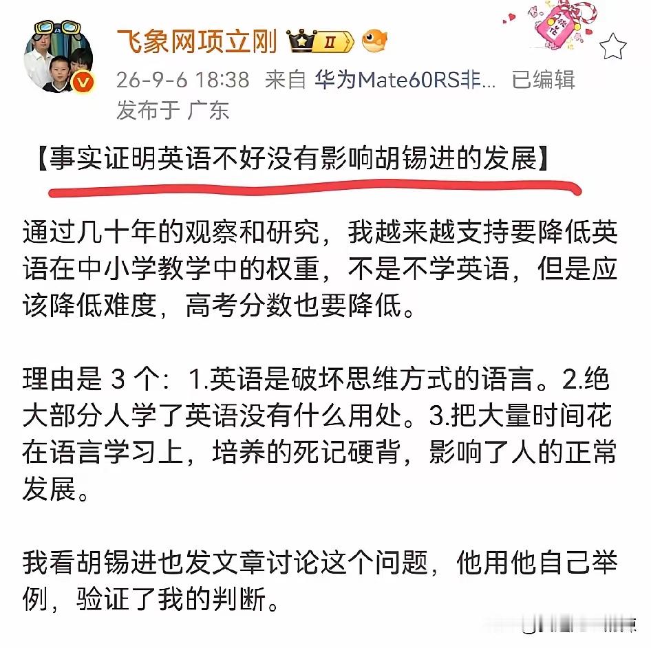 项立刚发文表示，胡锡进的英语水平一般，他的同事英语能力比他强很多，但是，事业发展没有老胡的好，说明英语在工作中作用不大。

项立刚表示，胡锡进是学俄语出身，英语水平一般，在中国新闻信息领域，胡锡进是一个有影响力的人，当过《环球时报》总编辑，个人影响也非常大，至今在社会上有广泛的影响。

我觉得这个看